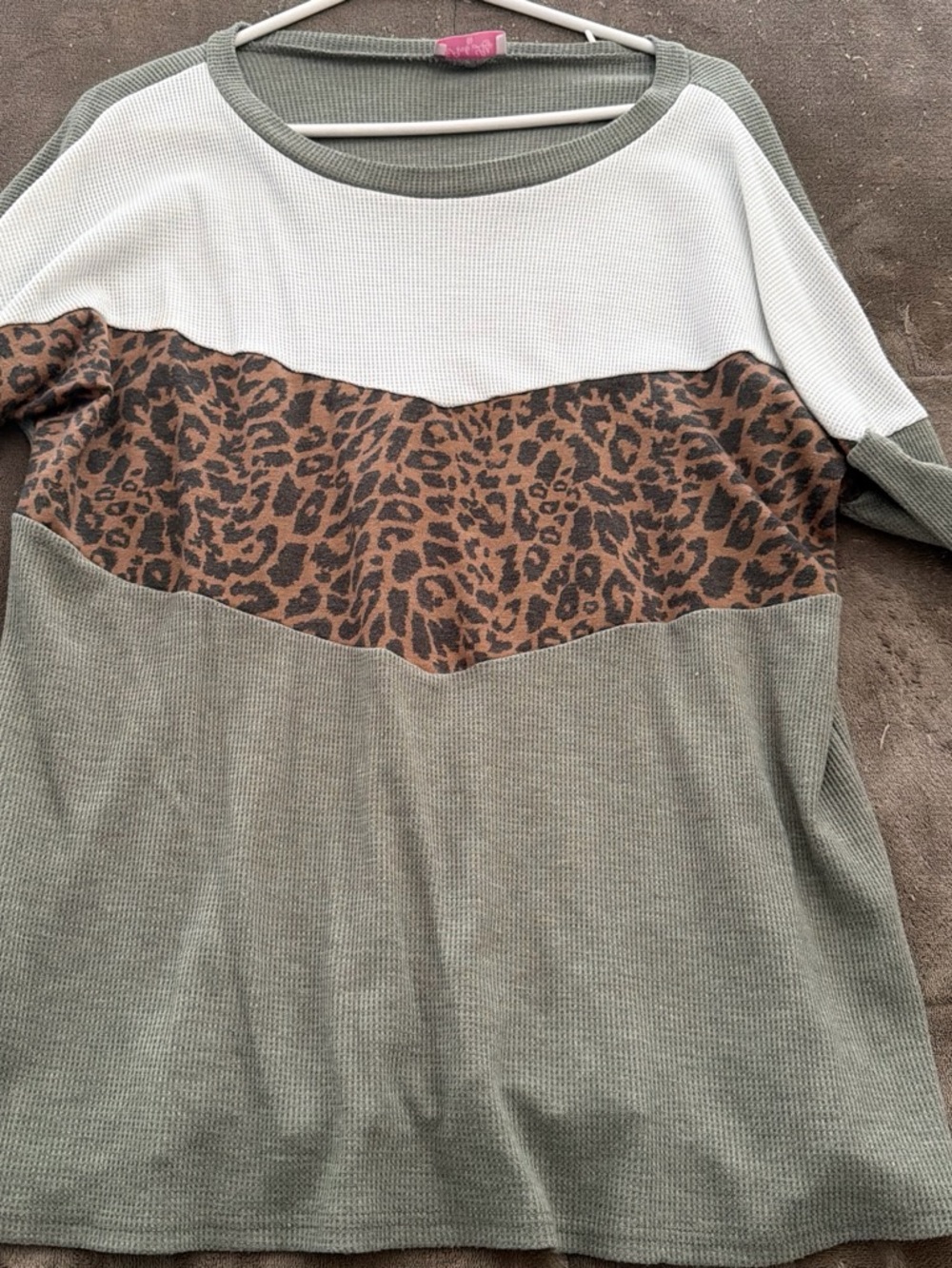 Pink Lily Olive Green Waffle Knit Tunic with Leopard Panel